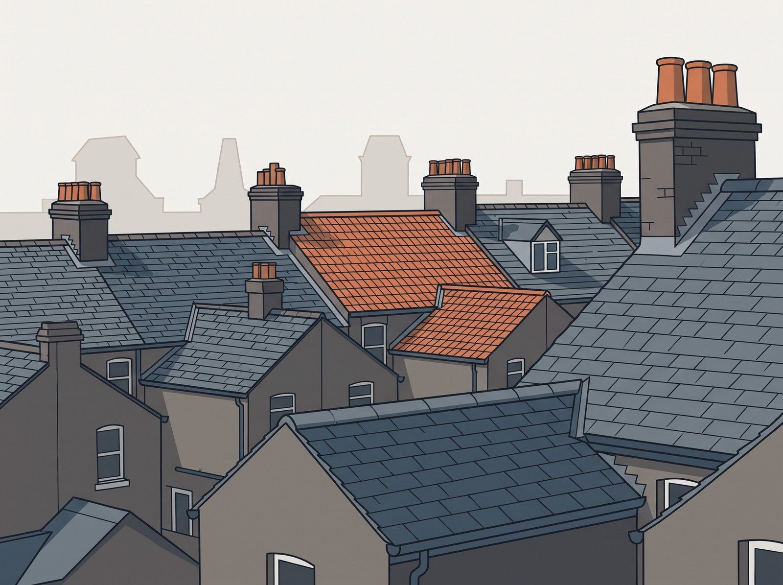 Slate rooftops and chimney stacks on a street of Victorian terraced houses, with one roof in clay tiles